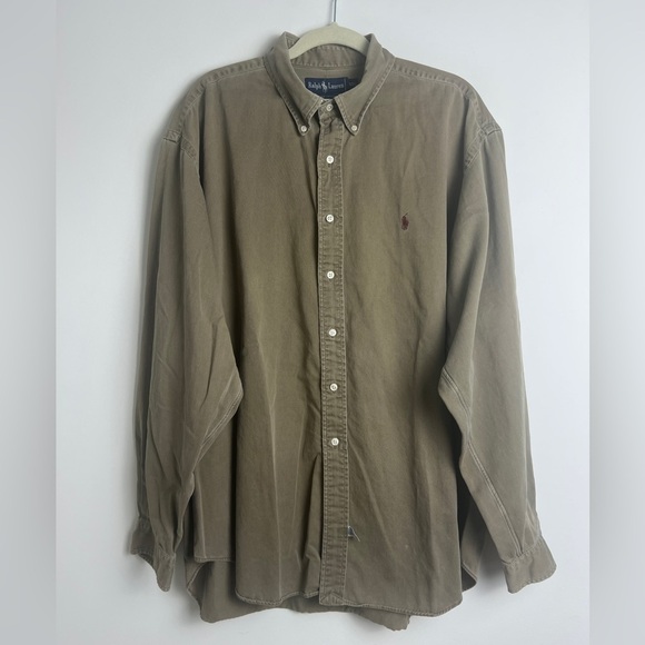 Vintage Ralph Lauren Men's Khaki Brown Brushed 100% Cotton Button Down Shirt XXL - Picture 1 of 9